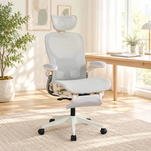 MEUNIQ ergonomische bureaustoel grijs met mesh bekleding, verstelbare hoofdsteun en lendensteun, inklapbare rugleuning en armleuningen, voetensteun