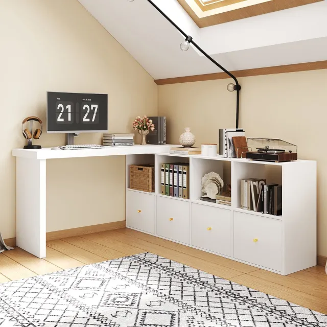 OKWISH Hoekbureau – 360 Graden Draaibaar – L Vorm Of Recht – 8 Vakken 4 Lades – MDF Wit – 120×48×78 En 140×35×74 cm