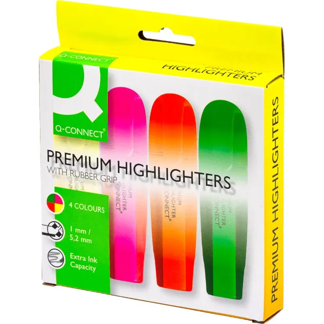 Q-CONNECT Premium markeerstift, geassorteerde kleuren, pak van 4 stuks geel