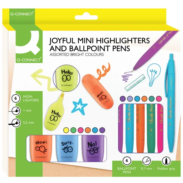 Q-CONNECT Think Positive 6 balpennen met 6 mini-markeerstiften, geassorteerde kleuren blauw