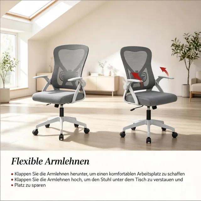 OKWISH Bureaustoel - Ergonomische Draaistoel Met Verstelbare Zithoogte En Kantelbare Rugleuning - Opklapbare Armleuningen Voor Thuis En Kantoor - Mesh - Grijs