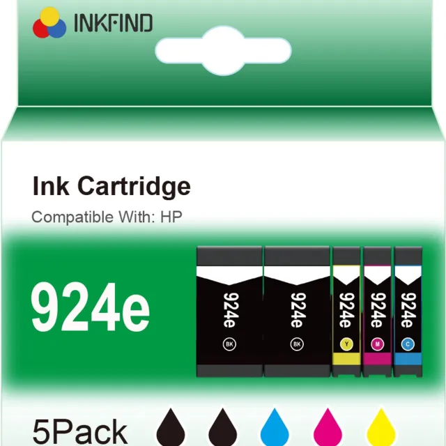 INKFIND 924e Zwart/Zwart/Cyaan/Magenta/Geel (Evomore) inktcartridge compatibel met HP 924 924e 4K0V0NE 4K0U7NE 4K0U8NE 4K0U9NE 6C3Z1NE 4K0U3NE 4K0U4NE 4K0U5NE 4K0U6NE geschikt voor HP OfficeJet Pro 8120 8130 - 5 Pack -Zwart/Zwart/Cyaan/Magenta/Geel Zwart x 2, Cyaan x 1, Magenta x 1, Geel x 1