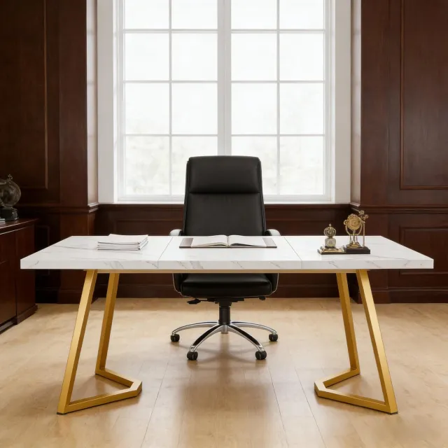 Wishdor Bureau - Modern design - Wit en goud - Metalen onderstel - Houtlook blad - 140 x 80 x 75 cm - Voor thuiswerkplek en woonkamer - Voor volwassenen Goud + wit