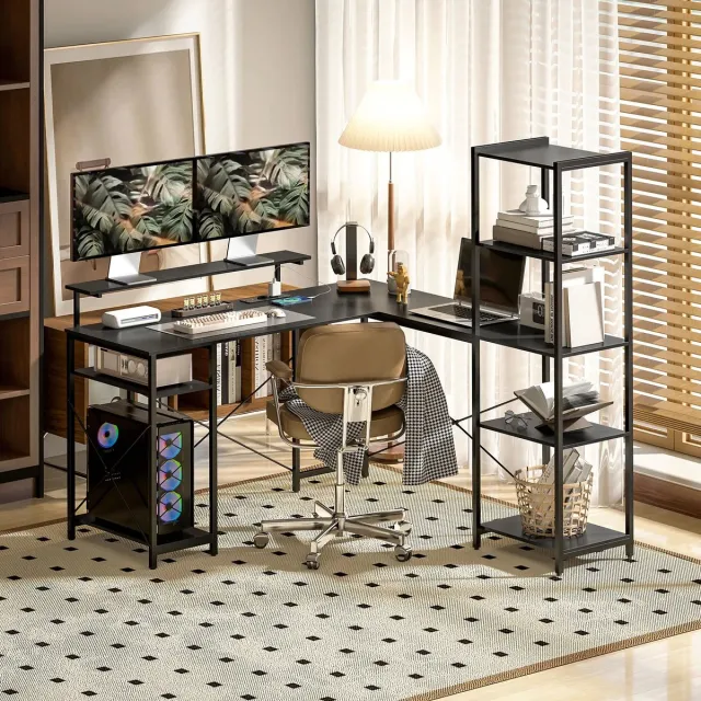 DESMIU Bureau - L-vormig Hoekbureau Met Monitorstandaard En Laadstation - Voor Homeoffice En Kantoor - Metaal En Spaanplaat - 140 x 139,5 Cm - Zwart