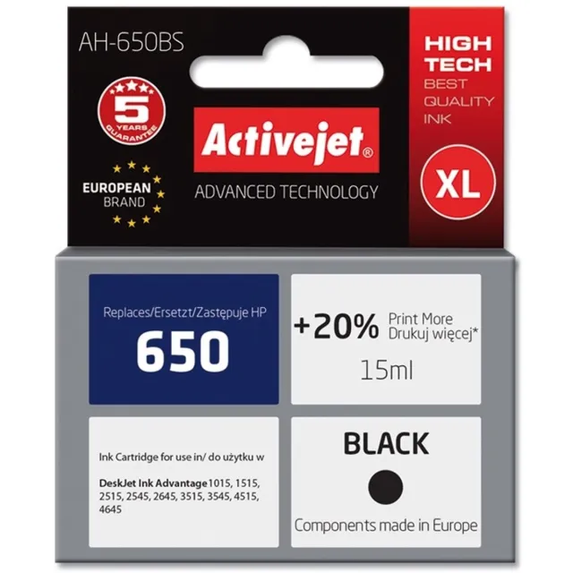 ActiveJet Ink Activejet AH-650BS (replacement HP 650 CZ101AE; Premium; 15 ml; Black) Zwart