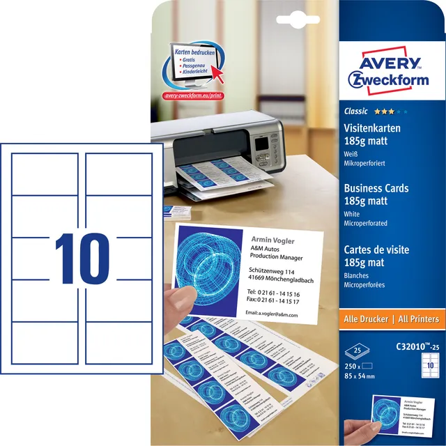 Avery Zweckform Visitekaart Avery Zweckform C32010-25 85x54mm 185gr 250stuks