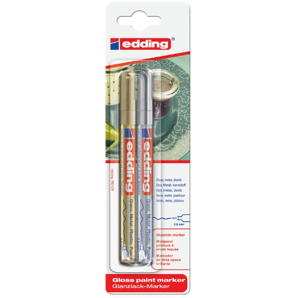 Viltstift edding 780 lakmarker rond 0.8mm goud en zilver blister à 2 stuks