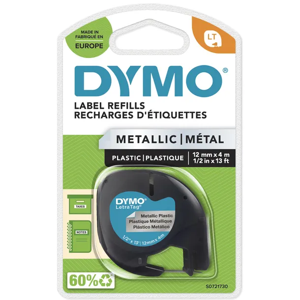 Dymo Labeltape Dymo LetraTag metallic 12mm zwart op zilver