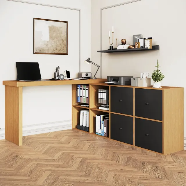 DESMIU Bureau - L-Vormig 360 Graden Draaibaar Tafelblad - 4 Lades En 8 Vakken - Hoekbureau Of Recht - MDF - Zwart Eiken - 140x48x78 Cm