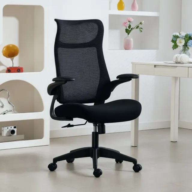 MEUNIQ ergonomische bureaustoel met 3D-armleuningen, netrugleuning, S-vormige rugleuning, hoofdsteun, kippfunctie, 360° draaibaar, zwart