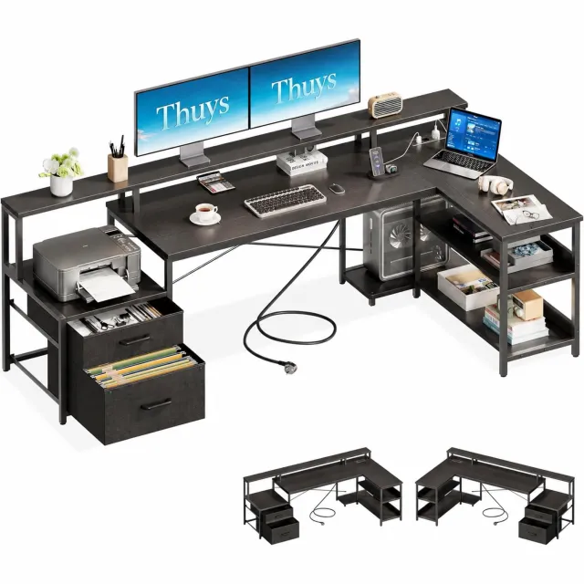 Thuys Hoekbureau – L-vormig Bureau met 2 Stoffen Laden – 189,3 x 100 cm – Monitorstandaard – 2 Stopcontacten en 2 USB-poorten – Omkeerbaar – Zwart
