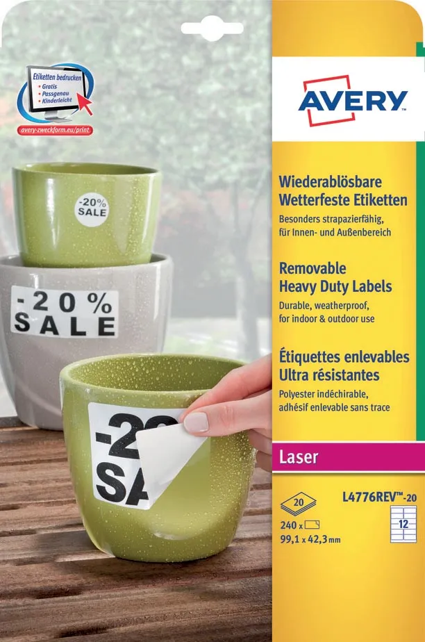 Avery Zweckform Avery afneembare weerbestendige etiketten Ft 99,1 x 42,3 mm (b x h), wit, doos van 240 etiketten