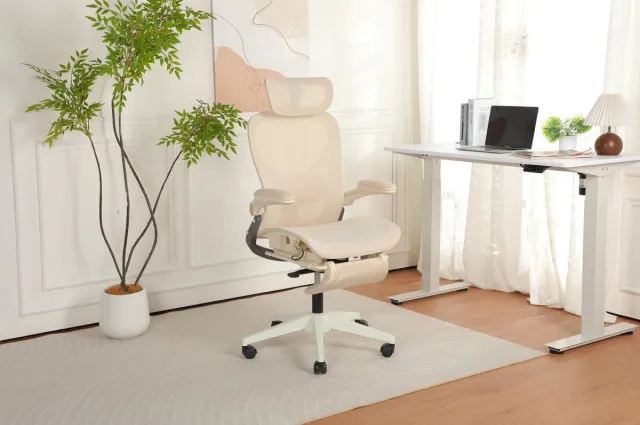 STILVORA Bureaustoel 102-129 cm - Ergonomisch Klapbaar - 3D Hoofdsteun & Lendensteun - Voor Werk, Studie En Spel - Netstof Crème