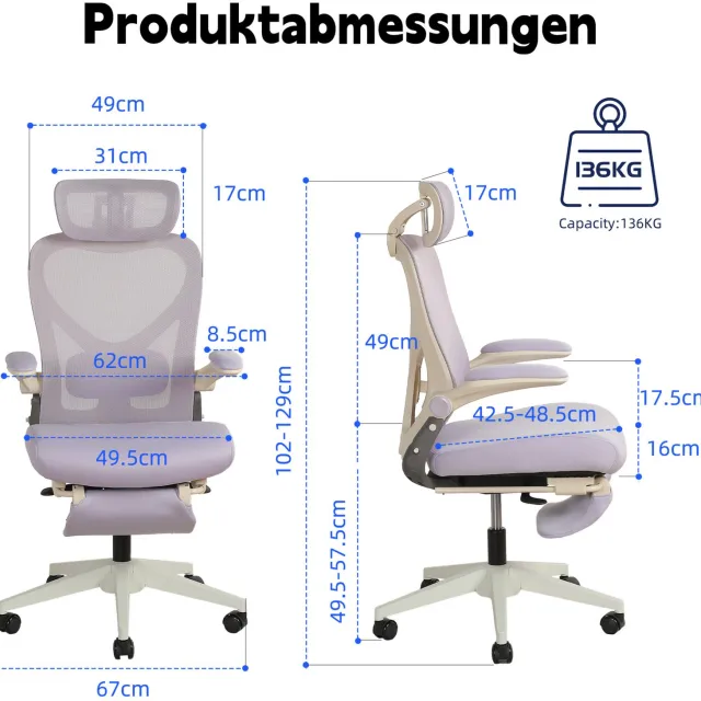 MEUNIQ Ergonomische bureaustoel paars met opklapbare rugleuning en armleuningen, verstelbare hoofdsteun, lendensteun en wielen voor thuiswerkplek