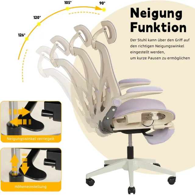 STILVORA Ergonomische Bureaustoel 67 Cm - Klapbare Rugleuning Met 3D Hoofdsteun En Lendensteun - Werkplek en Studie - Paars Mesh